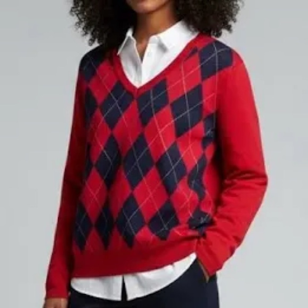 Tommy Hilfiger Red Argyle V-Neck Sweater‎ 100% Pima Cotton XS Preppy
